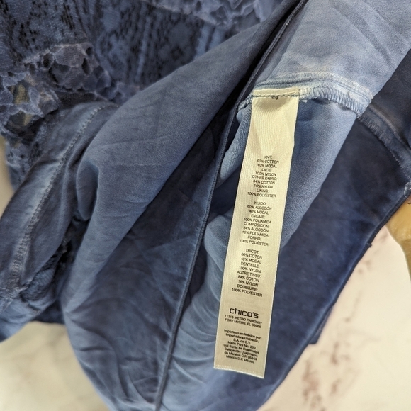 Chicos Shirt Womens Large 2 Blue Lace Half Quarter Sleeve Modal Stretch Scoop - Picture 8 of 11